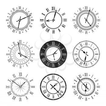 Clock and watch face with vintage round dial vector icons. Isolated black and white timepieces, antique wall or pocket watches with roman numerals and ornate clock hands, time design