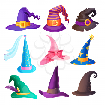 Halloween hats isolated vector set with cartoon caps of witch, wizard, fairy or stargazer, decorated with stars, feathers, bucklets and ribbons, bow, veil. Magic headwear for Halloween holiday design