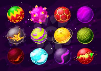 Space game fantasy planets with cartoon vector alien galaxy universe asteroids, craters and orbits, magic halo, stars and meteors, smoke, cracks and ice, magma and rings. Space game gui or ui design