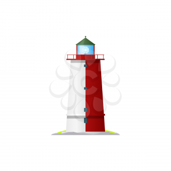 Sea lighthouse, marine beacon isolated navy building icon. Vector nautical tower, tall construction, navigation seafarer tower with searchlight lamp and balustrade fence, nautical equipment symbol