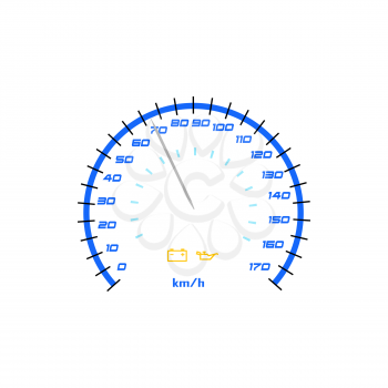Speedometer, gauge meter indicator or speed level graph, vector car speed and velocity measure icon. Speedometer of car dashboard with kilometer per hour counter, blue yellow odometer arrow gauge