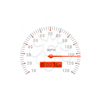 Speedometer gauge, car speed dashboard odometer, vector gage scale dial counter. Speedometer with mph speed red arrow and total mileage meter or gauge LED indicator