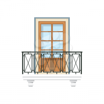 Balcony with metal railing or balustrade isolated home facade construction. Vector balcony of house or apartment building, architecture element. Facade exterior design, doorway and iron forged fence