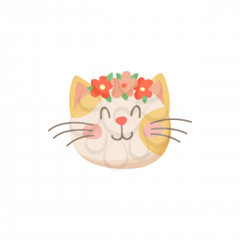 Cute female cat with flowers in head isolated kitten snout. Vector springtime kitty, avatar of domestic animal home pet, cat with closed eyes. Sleeping feline with whiskers, emoticon or emoji
