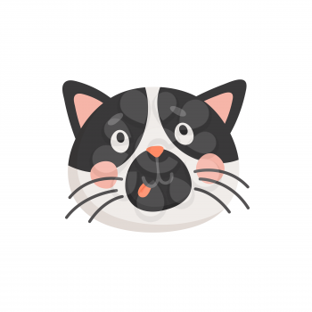 Snout of black and white cat isolated head portrait. Vector puzzled kitten muzzle, cartoon funny feline animal with whiskers, hand drawn home pet. Funny yard cat, playful curious mammal kitten
