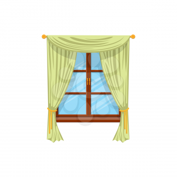 Sash curtains with rods isolated green drapes or shades. Vector velvet drapery curtains on cornice at wooden window. Tab top and sash curtains with rods and valances, modern vertical shutters