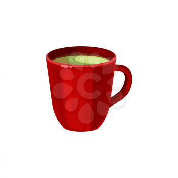 Red ceramic cup of green or black tea isolated icon. Vector glossy mug with handle, kitchenware object. Porcelain tea cup, dishware with hot morning drink. Teatime item, cappuccino or cocoa