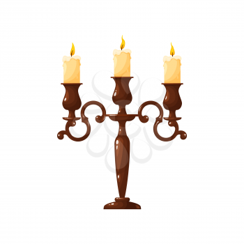 Retro candelabrum with three wax burning candles isolated vintage decorative object. Vector vintage candle in wooden holder, realistic flame. Metal chandelier, melting wax paraffin in bronze sconce
