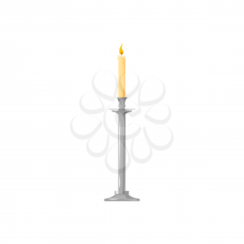Church candle in metal candlestick isolated religion symbol. Vector burning paraffin wax candle in realistic design, glowing christmas decoration. Vintage candlestick and bright flame, candlelight