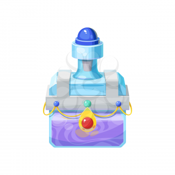 Poison vial in chest box with diamond isolated potion. Vector alchemy brew on Halloween party, magic elixir in glass flask gui or rpg game cartoon design element. Witch poison, alchemy chemical liquid