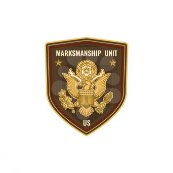US army marksmanship unit special forces squad isolated military chevron icon. Vector USA army mascot with golden eagle. Small arms marksmanship training, soldiers and enhancing army recruiting badge