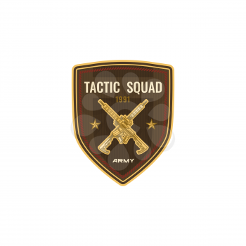 Special snipers squad isolated crossed sniper gowns on shield with stars. Vector military american soldier chevron, insignia, US army patch. USA special squad, armored troops heraldic emblem