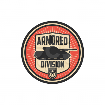 Armored division isolated military chevron with tank. Vector officer rank insignia, armed forces defense, combat equipment, armed us infantry patch on uniform. Patriotic emblem, survival heavy troops