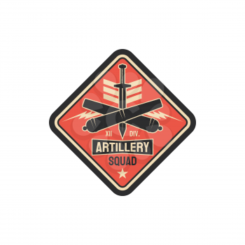 Artillery division military chevron with sword and crossed bomb rockets, army officer rank patch on uniform isolated. Vector artillery army unit to defense in battle, american fighting forces seal