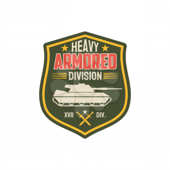 Heavy armored division isolated military chevron with tank. Vector armed us infantry patch on uniform. Officer rank insignia, armed forces defense, combat patriotic emblem, survival heavy troops
