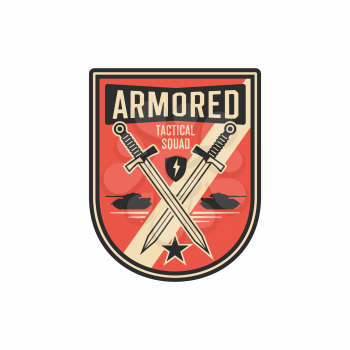 Armed infantry patch on uniform with tanks and crossed swords isolated tactical squad. Vector armored division with heavy machinery, military chevron with tanks. Armed forces defense, survival troops