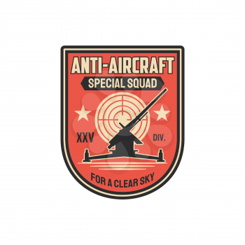 Anti aircraft artillery special squad for clear sky isolated military chevron. Vector infantry troops machine, tank tracks operation. Armored vehicle, target aim, air defense, seal on office uniform
