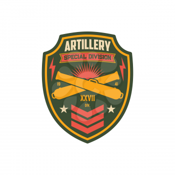 Artillery army unit to defense in battle, american fighting forces seal isolatd miitary chevron patch on uniform. Vector crossed bomb rockets, army division sticker with crossed swords, fire, thunders