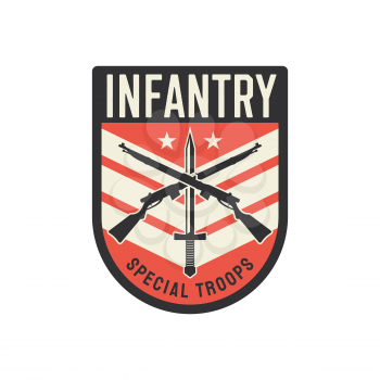 Infantry special troops military chevron, squad with sword and crossed rifles isolated. Vector military sub-subunit, trooper badge insignia. Special forces, squad emblem, US army mascot with star