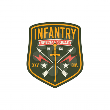 Squad infantry troops, military chevron with sword and crossed arrows, thunders isolated army insignia on officer uniform. Vector military sub-subunit, trooper badge, special forces US army mascot
