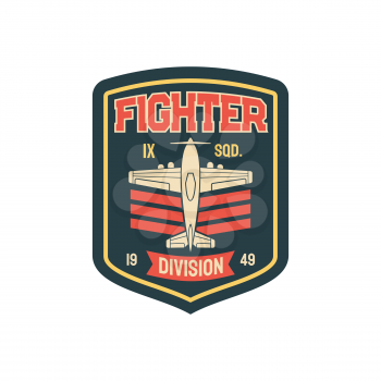 Fighter plane army chevron insignia aviation squad isolated sticker, patch on uniform. Vector military propelled jet. Aircraft and retro wwii plane at attack or defend position, interceptor aircraft
