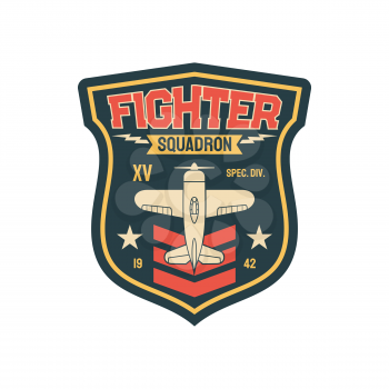 Squadron fleet air navy, aviation squad army chevron insignia of airplane jet fighter isolated patch on military uniform. Vector attack defend interceptor, propelled jet emblem, military aircraft