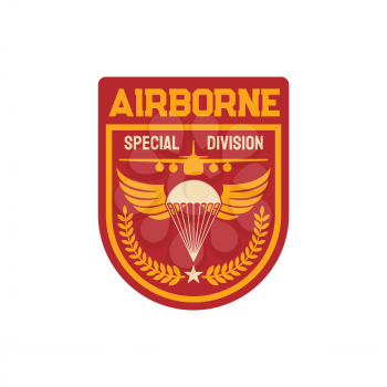 Airborne special division isolated military chevron, parachuting skydiving aviation forces patch on uniform isolated. Vector shield with parachute on eagle wings, olive branches and military plane