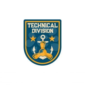 Maritime technical division special squad isolated army chevron with anchor and boat propeller, naval stars. Vector navy marine forces patch on military uniform. Chevron of technical services squad