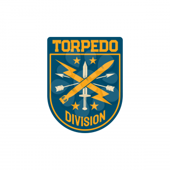 Torpedo division gunnery organization of British admiralty naval staff chevron patch on military uniform with crossed arrows, sword and thunder. Vector marines special squad with naval symbols