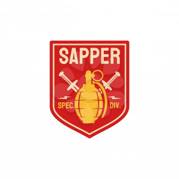 Military chevron of sappers combat engineers squad with sapper equipment bomb and crossed swords. Vector pioneer combat engineer special division chevron, patch on uniform of combatant soldier