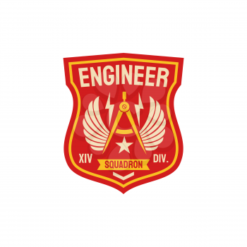Squadron of engineering repair battalion army patch with compass divider and wings. Vector patch on military uniform, engineers division squad of special elite forces troops of maintain and repair