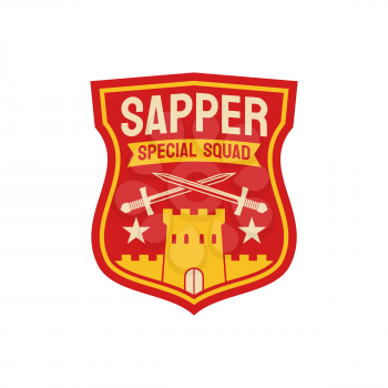 Combat engineers special division of sapper squad isolated chevron with fortress castle and crossed swords. Vector uniform patch with breaching fortifications, pioneer combatant squadron squad