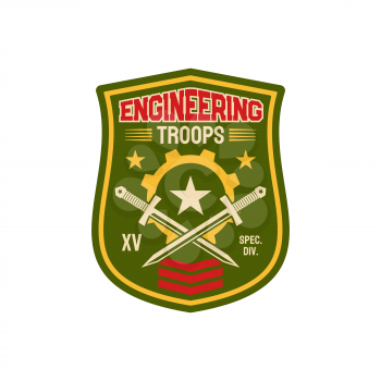 Repair battalion engineering squadron of engineering troops isolated patch on military uniform. Vector engineers division squad of navy marine fleet with star and cogwheel gear. Special forces chevron