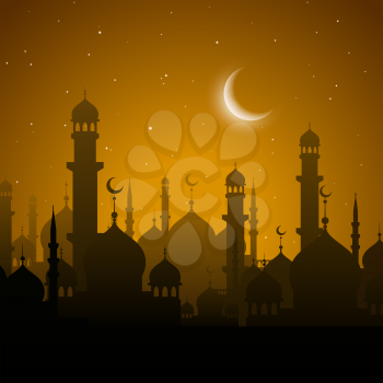 Arabian city, Ramadan Kareem holiday sunset or night scene with arab mosques and minarets silhouettes under orange starry sky with crescent moon. Islamic architecture cartoon scenery background