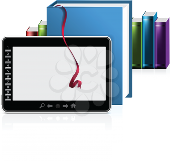 Royalty Free Clipart Image of an eBook Reader and Books