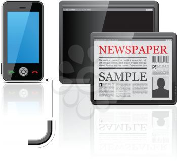 Royalty Free Clipart Image of a Mobile Phone and Tablet With an Online Newspaper