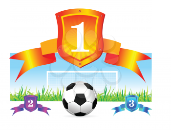 Royalty Free Clipart Image of First, Second and Third Emblems With a Ball