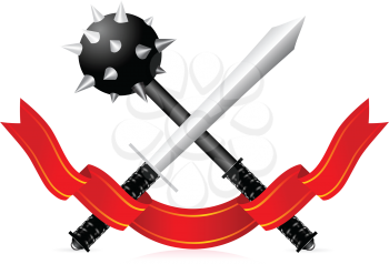 Royalty Free Clipart Image of a Sword and Mace With a Pennant
