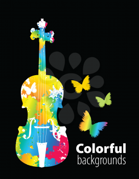 Royalty Free Clipart Image of a Colourful Cello and Butterflies on Black