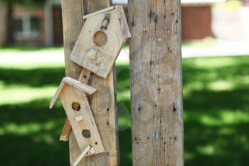 Handmade bird house (starling house) on a nature background