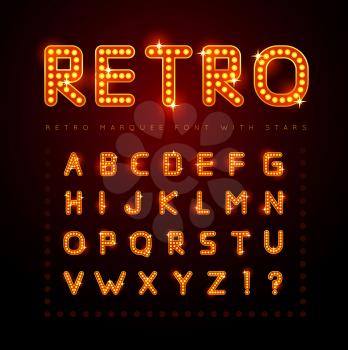 Retro alphabet set with lamp and stars, vector illustration.