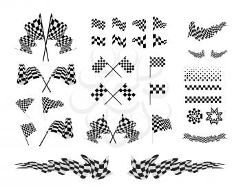 Checkered Flags and ribbons set vector illustration on white background.