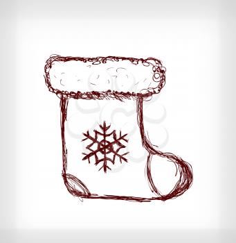 Santa boot with snowflake. Hand drawn vector illustration on light grey background