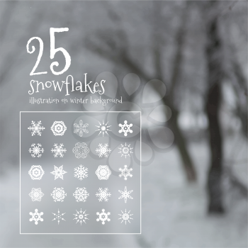25 vector snowflakes on a blurred background of a winter landscape