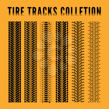 Tire track collection. Vector illustration on yellow background