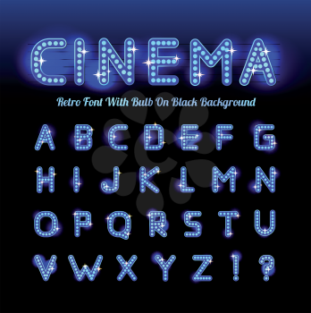 Retro cinema font. Vector illustration on black background. Can be used for christmas, happy new year, happy birthday and more.