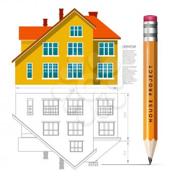 House icon and drawing with a pencil. Vector infographics for real estate and construction