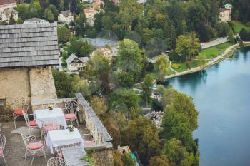 Cafe in the fortress on the lake Bled, Slovenia.