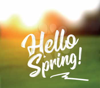 Text message hello spring, against a defocused background of a spring landscape. Vector illustration