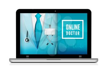 Online doctor consultation technology in laptop. Medical doctor in suit with stethoscope close up. Vector illustration on white